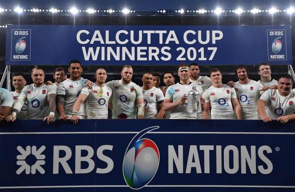  England captain Dylan Hartley lifted the Calcutta Cup with his teammates