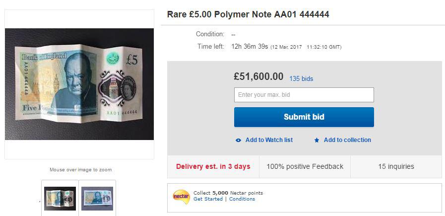 Bidders are battling it out for a rare plastic £5 note on eBay