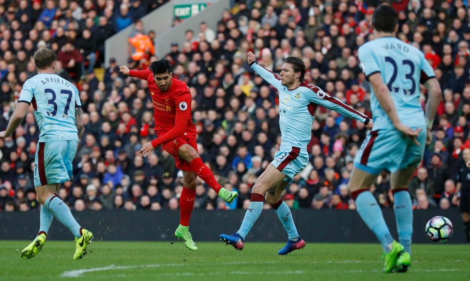  Emre Can took aim from distance and watched his shot skid past Tom Heaton