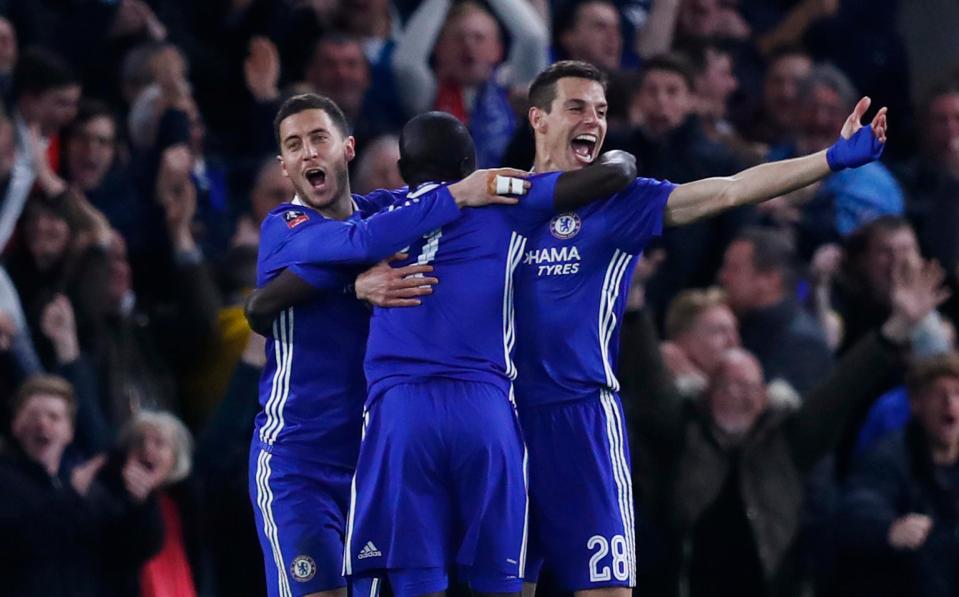  Chelsea celebrate after N'Golo Kante opened the scoring at Stamford Bridge