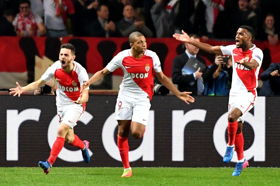  Kylian Mbappe celebrates after putting Monaco 1-0 up against Manchester City