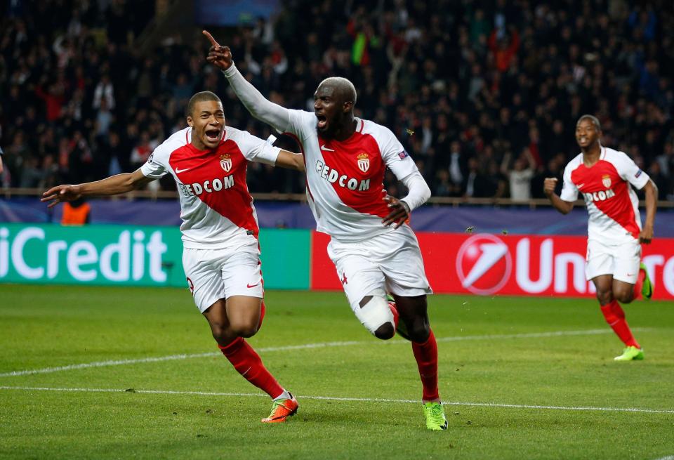  Tiemoue Bakayoko wheels away in delight after heading home the all-important goal that sealed Monaco's place in the last eight