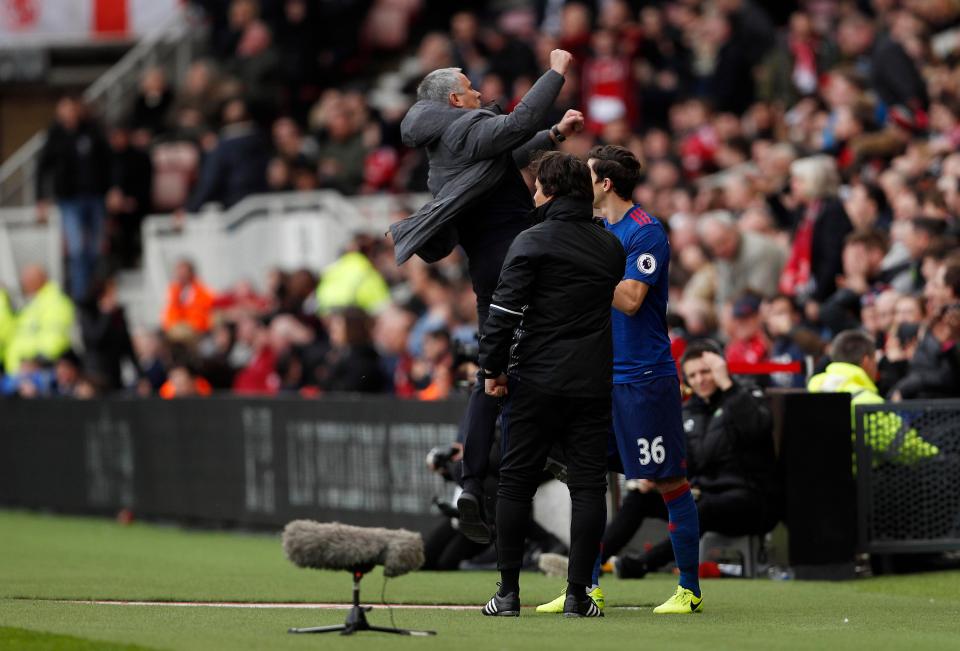 Jose Mourinho jumps for joy after Antonio Valencia bagged Manchester Uniteds third goal