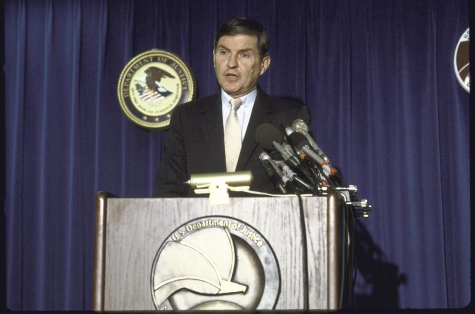  DEA Director John C. Lawn speaking about Colombian drug king Carlos Lehder during a press conference