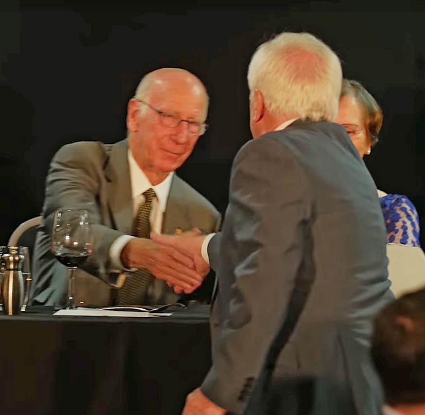 Just last year he was honoured at Sir Bobby Charlton’s (pictured) 60th Anniversary dinner