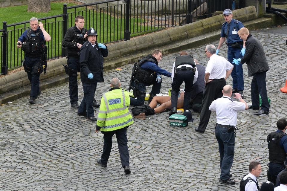  Armed cops draw their guns on a suspected attacker after a knifeman went on a rampage mowing down a dozen pedestrians on Westminster Bridge before stabbing an officer at Parliament