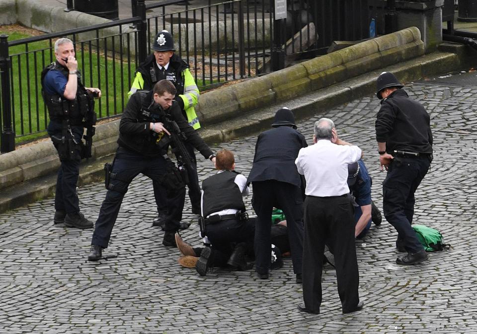  Armed cops draw their guns on the attacker outside the Houses of Parliament following yesterday's attack