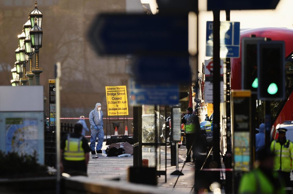 Forensic experts comb the scene in Westminster after the London attack