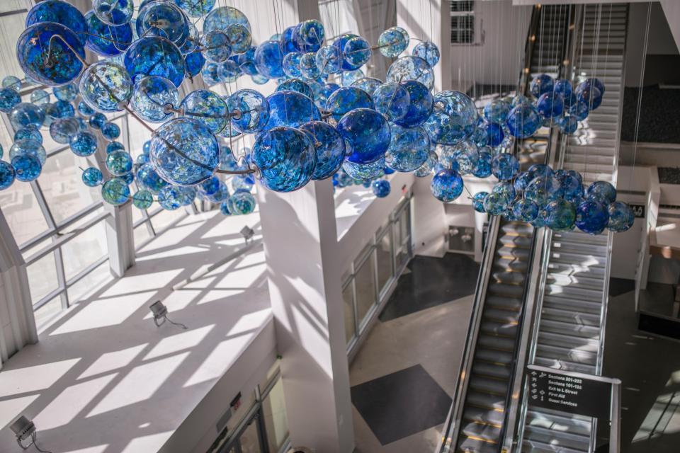 A sculpture on display hanging in the concourse at Golden 1 Center