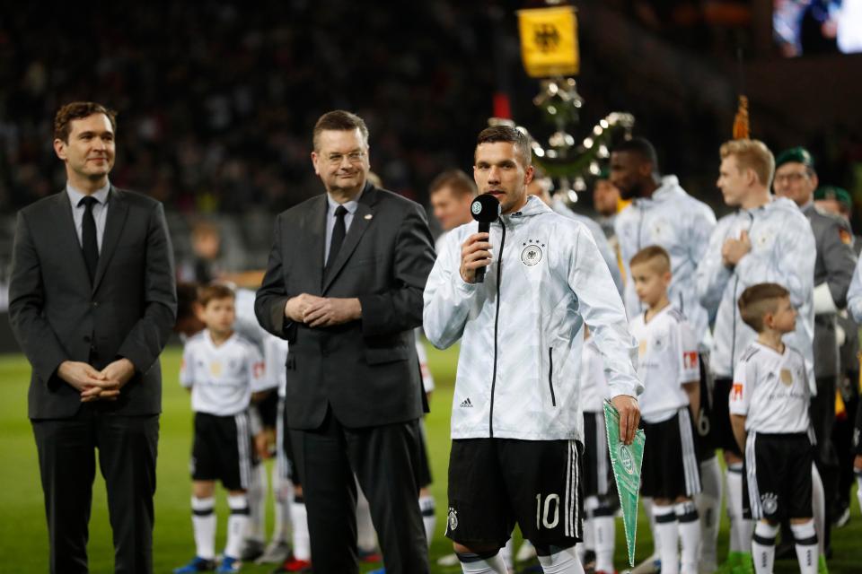 Lukas Podolski gave a speech before the game that went on so long it delayed kick-off