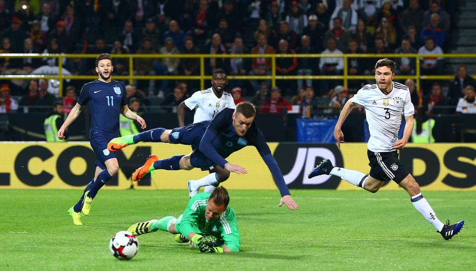 Jamie Vardy tumbled too theatrically as he went down under the challenge of Marc-Andre ter Stegen