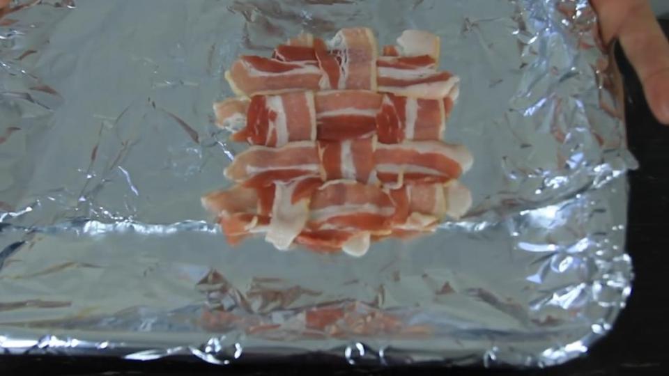  In the instructional video Food & Wine's Justin Chapple shows how to create the bacon lattice