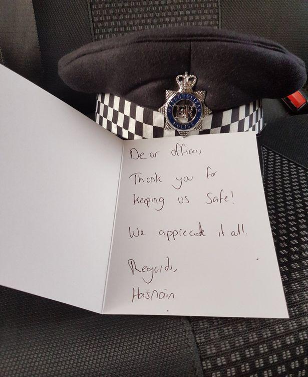  A note which thanks police for keeping the public safe has been handed to officers at Westminster Police