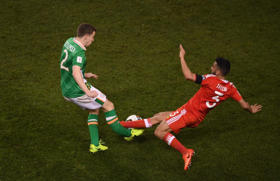 Seamus Coleman suffered a double leg break after this tackle from Neil Taylor