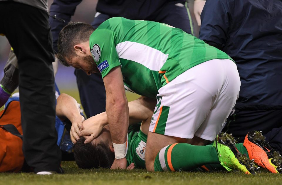  Team-mate Shane Long was by Coleman‘s side as her was treated on the pitch