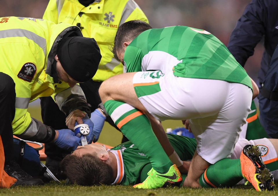 Seamus Coleman is tended to by paramedics as Ireland team-mate Shane Long gets close to give support