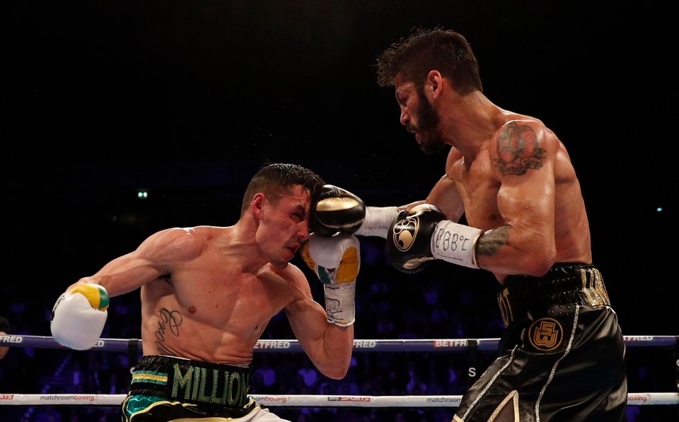 Jorge Linares lands a right hook on the head of Anthony Crolla in Manchester