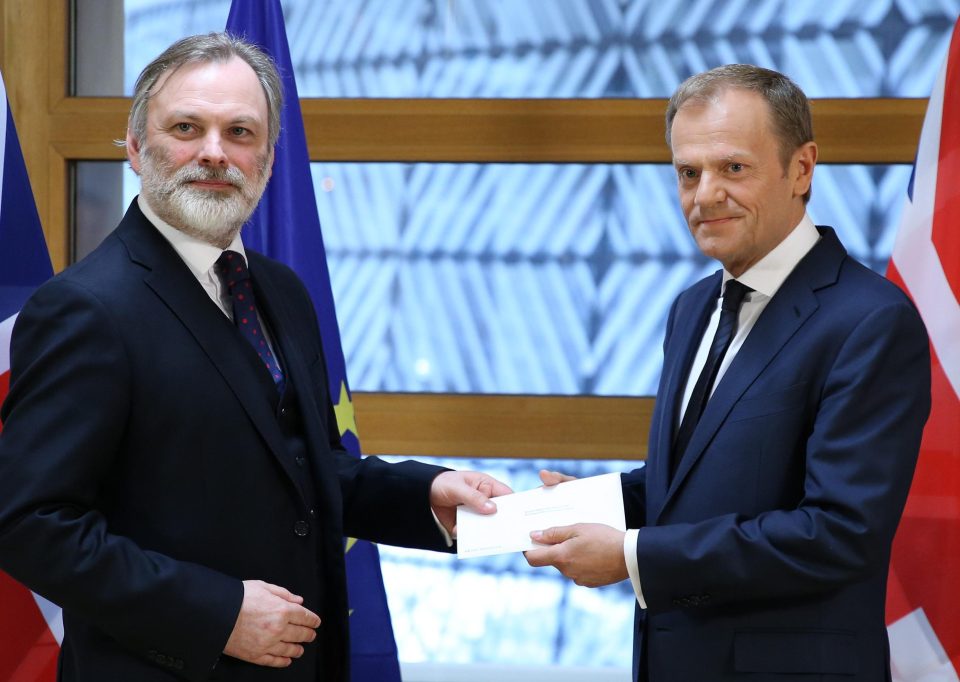  British Ambassador to the EU Tim Barrow hands the Brexit letter to European Council President Donald Tusk in Brussels