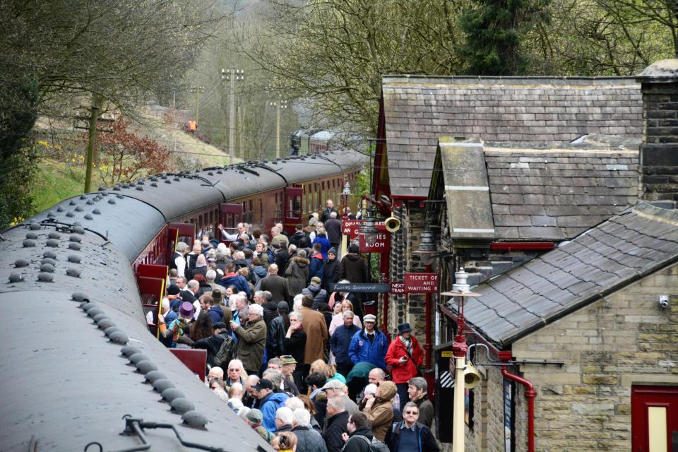 The Flying Scotsman is pictured this morning at Haowrth Station -it set off from here to reopen the Settle to Carlisle line