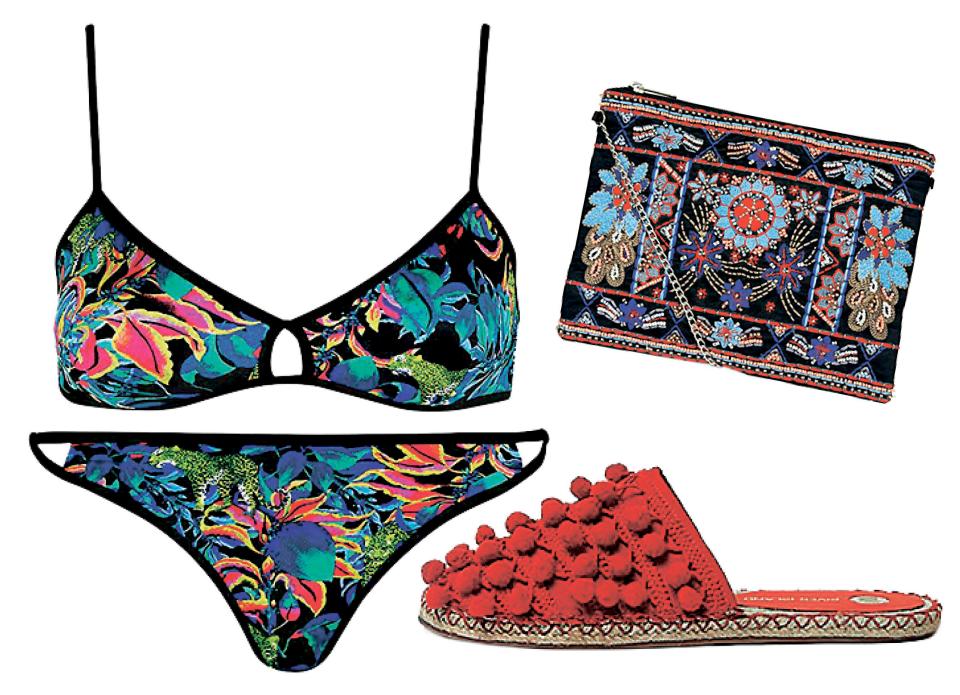  Be sure to pack your bikini! Bikini, £30, Topshop; purse, £22.99, New Look; shoes, £28, River Island