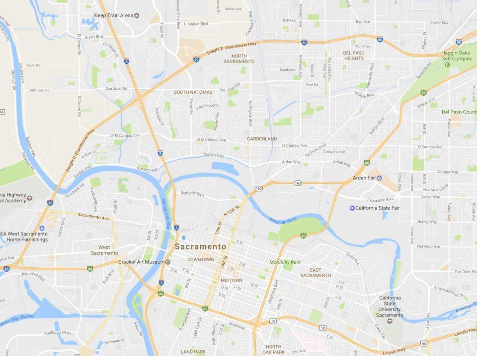 The map of Sacramento shows their former Sleep Train Arena home well out in the suburbs to the north of the city