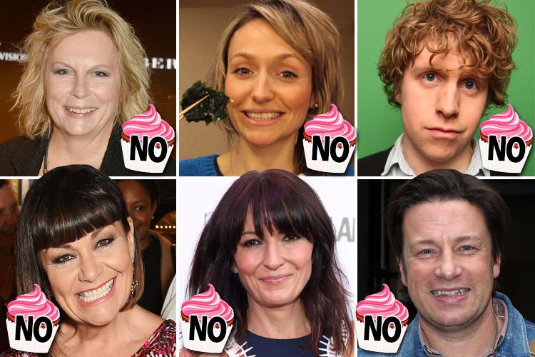  Top (L -R) Comic Jennifer Saunders, presenter Kate Quilton, comedian Josh Widdicombe. Bottom (L - R) Actress Dawn French, TV host Davina McCall, celebrity chef Jamie Oliver