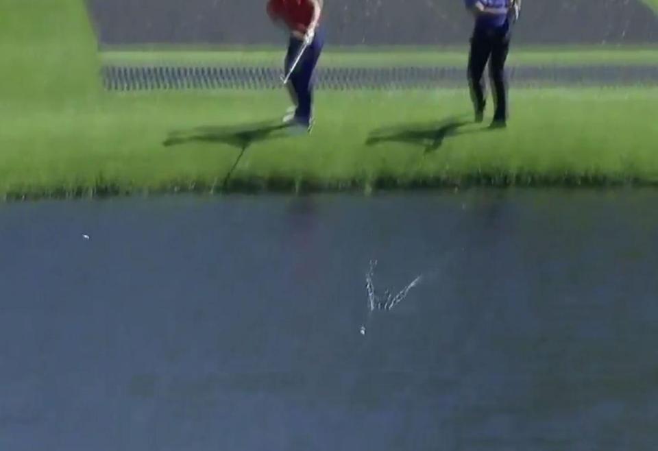  The golfers' shots kiss the water before rising and hitting it again