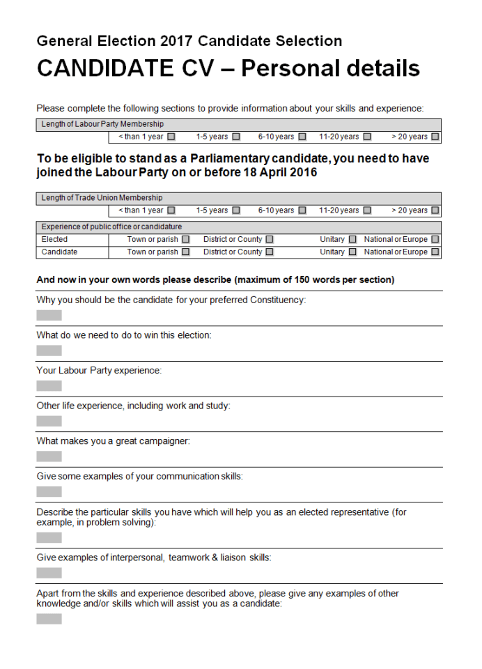  One of the forms that must be filled in to apply to stand