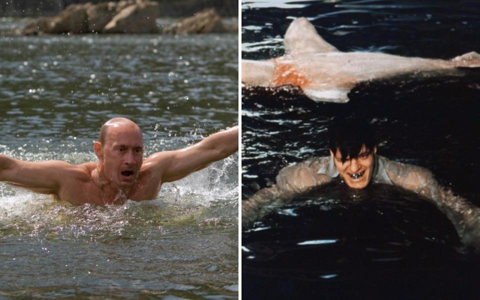  A 2009 snap of the president floundering in Siberian waters seems identical to a scene from The Spy Who Loved Me after giant metal mouthed Jaws kills a shark