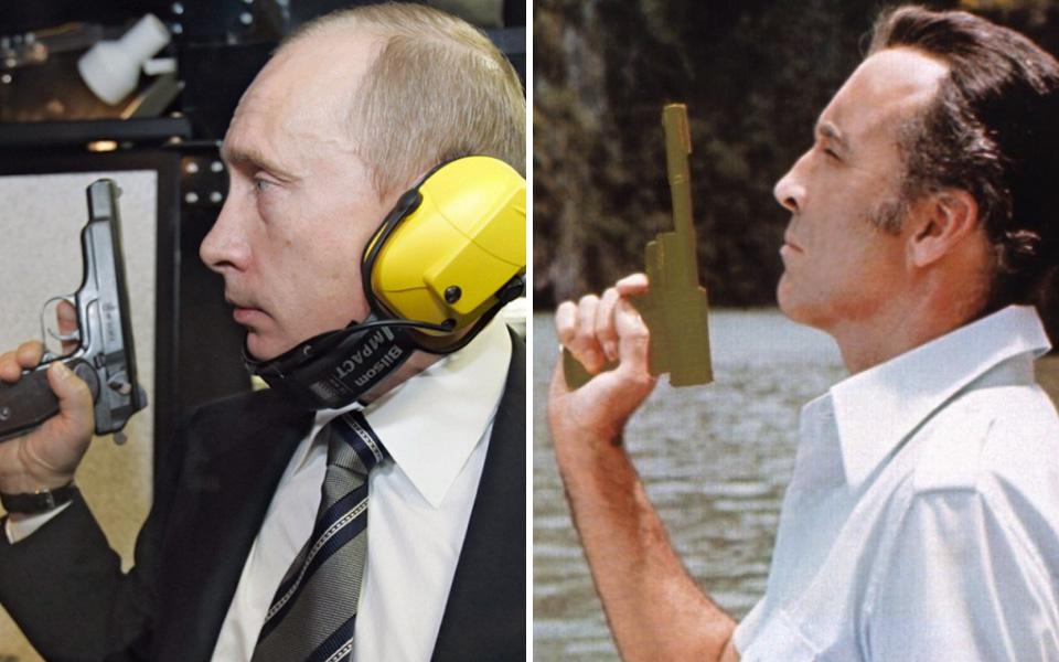  Putin often poses with pistols and here looks like Christopher Lee's portrayal of murderous marksman Francisco Scaramanga as he prepares to duel 007 in The Man with the Golden Gun (1974)