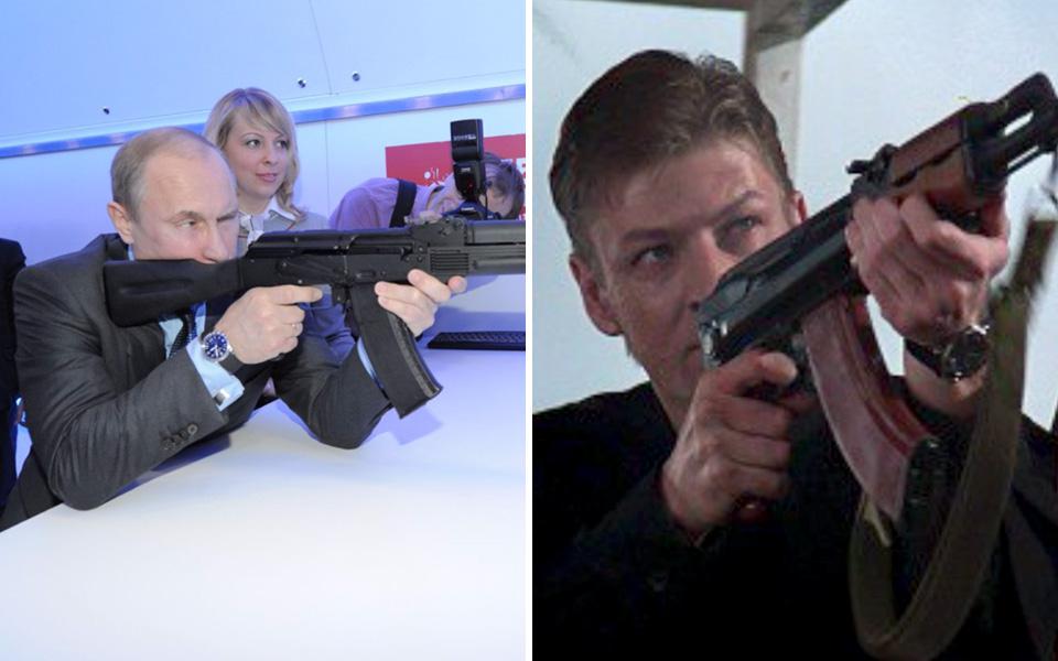  Double agent Alec Trevelyan (Sean Bean) targets Bond with an AK47 in GoldenEye (1995), while Putin takes aim with an electric AK at a shooting gallery (left)