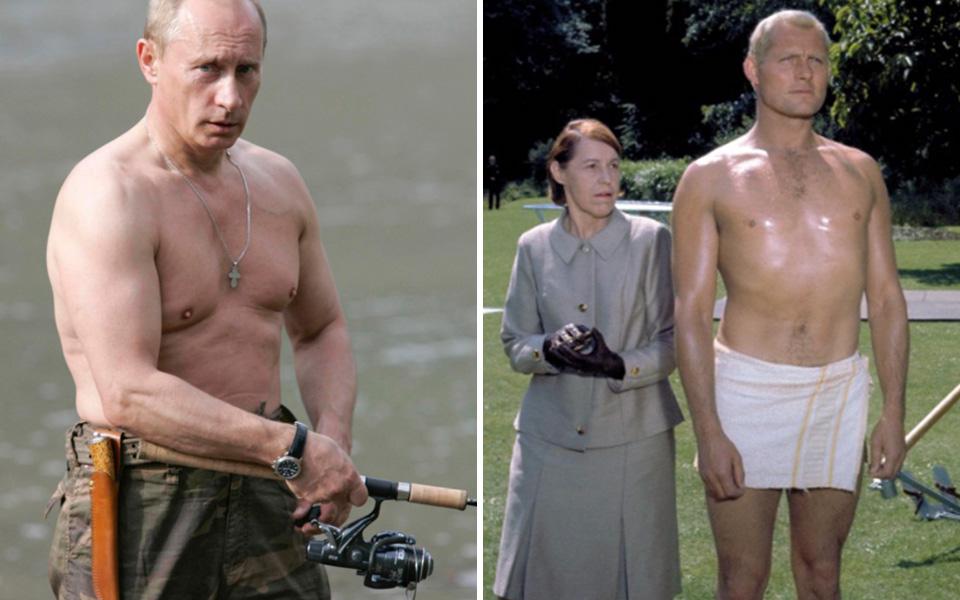  A topless Vlad fishing in the Khemchik River in 2007 and SPECTRE assassin Red Grant in the 1963 movie From Russia With Love could be mistaken for brothers