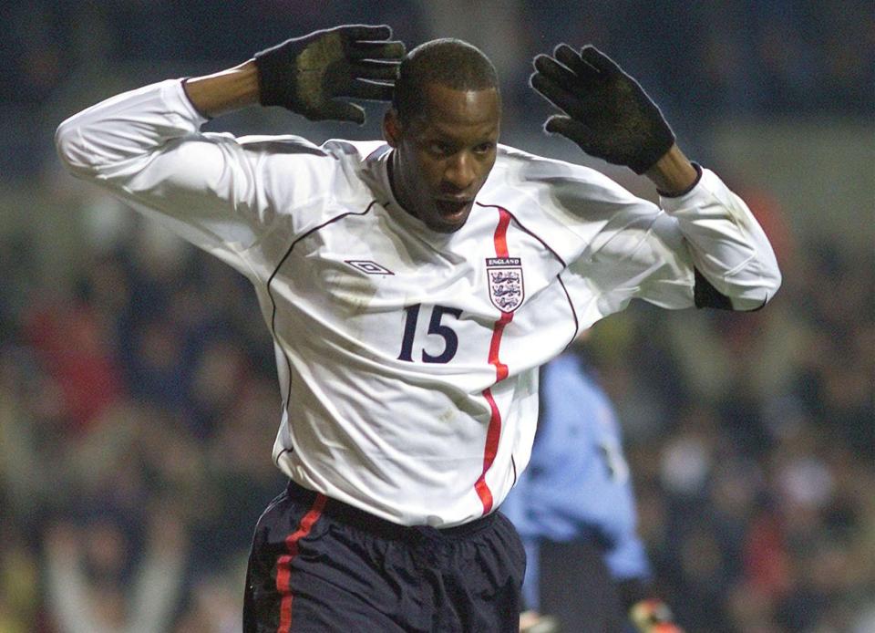  Ugo Ehiogu celebrates scoring for England against Spain in one of his four appearances