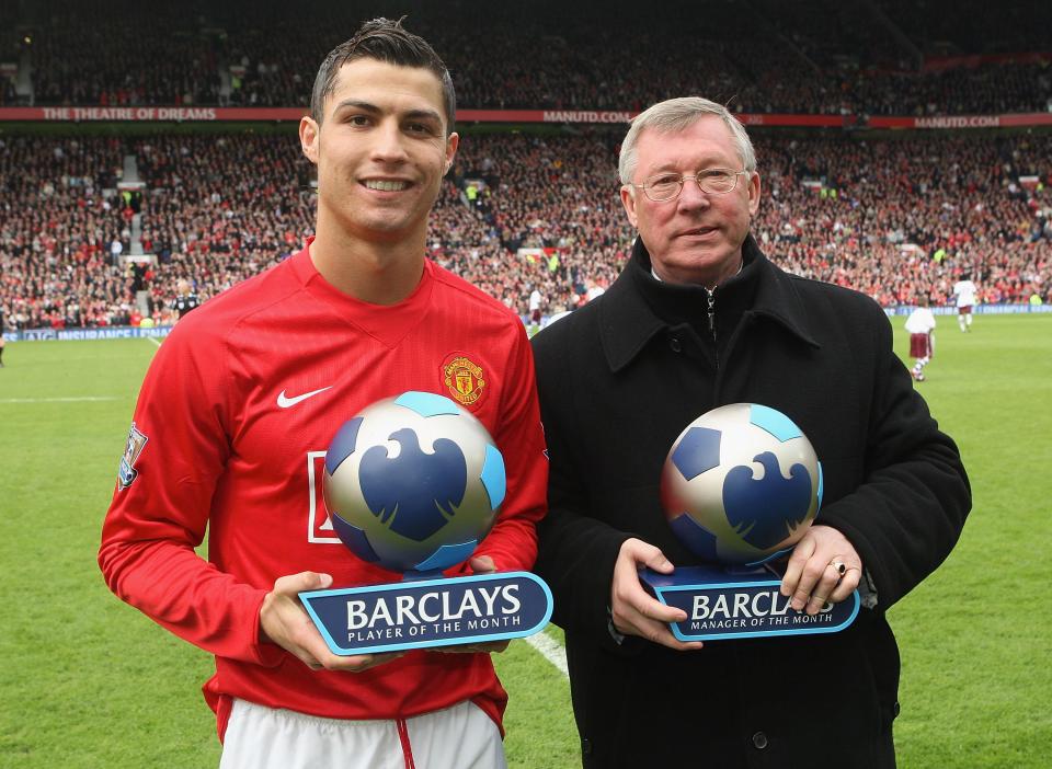 Cristiano Ronaldo and Sir Alex Ferguson celebrate with awards at Old Trafford