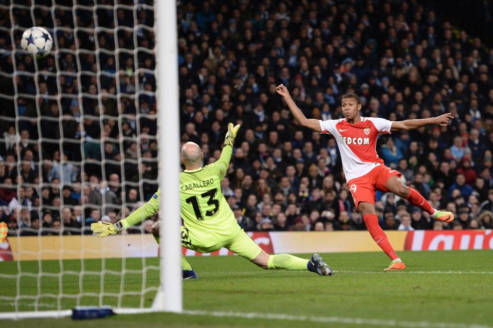  Kylian Mbappe fires home during Monaco's 5-3 Champions League loss in Manchester