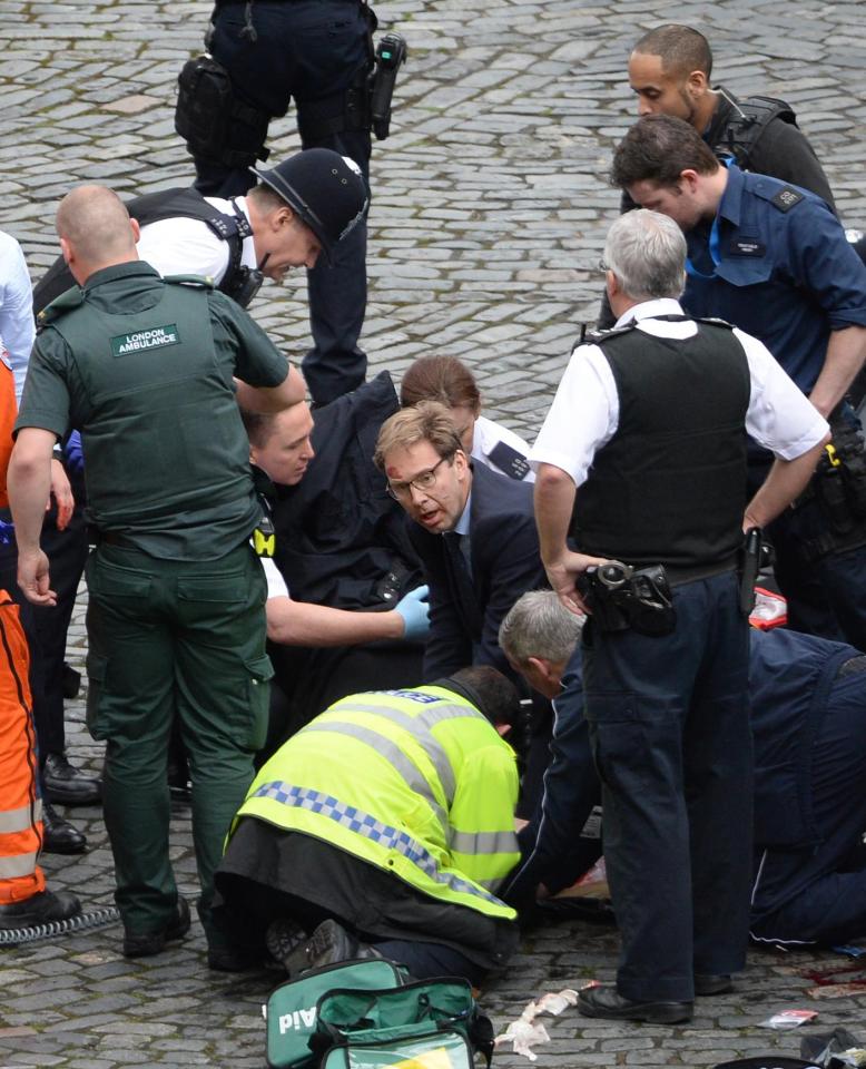 Tory MP Tobias Ellwood helps to attend Keith Palmer after he was stabbed by crazed terrorist Khalid Masood