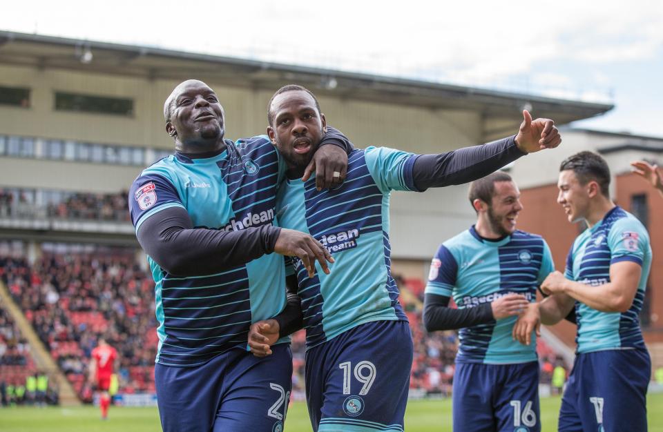  Myles Weston (R) celebrates scoring Wycombe's second against Leyton Orient