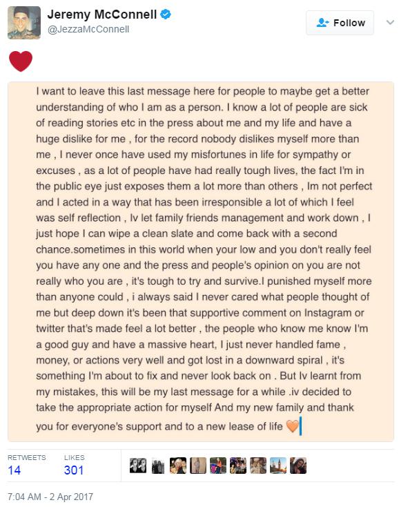  Jeremy opened up in a lengthy social media post