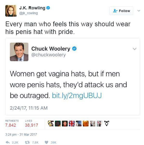  Rowling posted a picture of the tweet from February and added that 'every man who feels this way should wear his penis hat with pride'