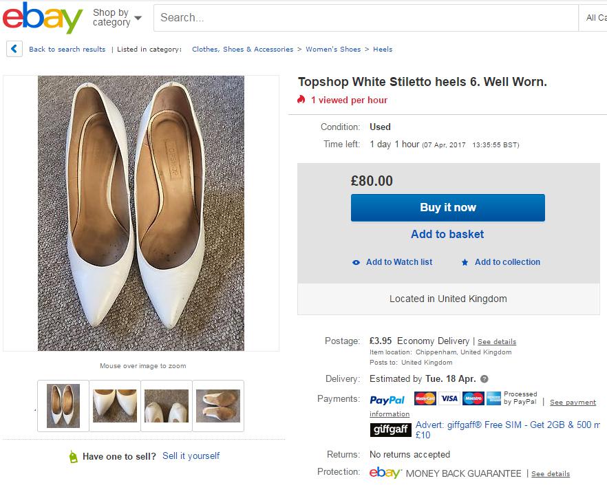  A pair of scuffed white Topshop stilettos are up for sale for £80