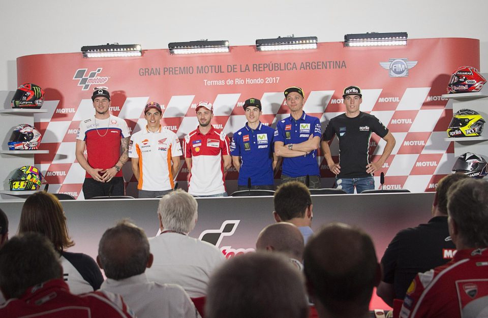  The MotoGP's Argentina Grand Priz 2017 is underway and it looks like it could be a closely fought contest (L-R Scott Redding, Marc Marquez, Andrea Dovizioso, Maverick Vinales, Valentino Rossi and Aleix Esparagaro)