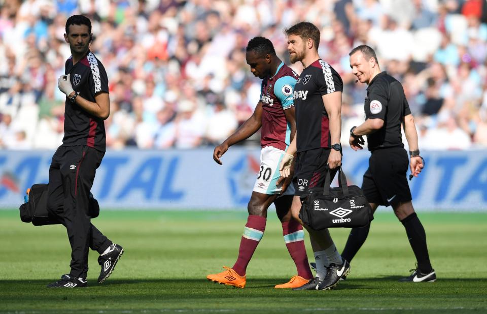  Michail Antonio hobbled off with a hamstring injury during West Ham's win over Swansea on April 8