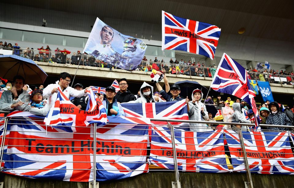  Lewis Hamilton's fan army in the grand stands in Shanghai