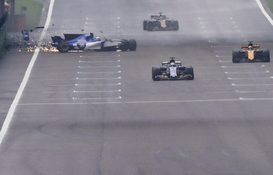  Antonio Giovinazzi has a collision on the pit straight