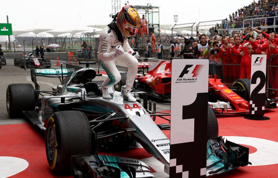  Lewis Hamilton celebrates after winning in Shanghai on Sunday