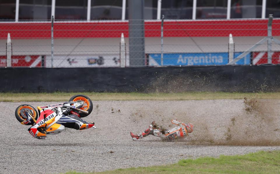  Marc Marquez had been leading before he crashed out on the third lap