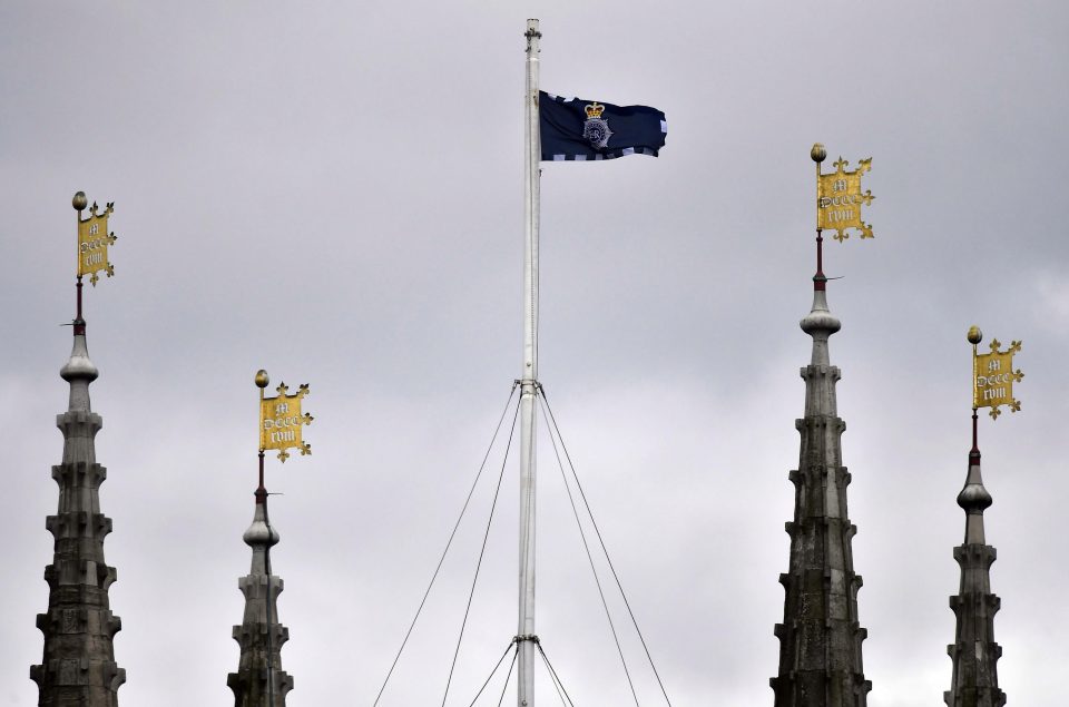 A Metropolitan Police flag flies from Southwark Cathedral ahead of the funeral