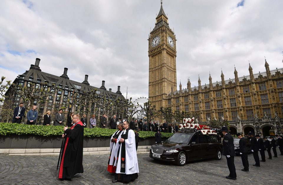 The body of PC Keith Palmer is taken from the gates of Westminster to Southwark Cathedral 