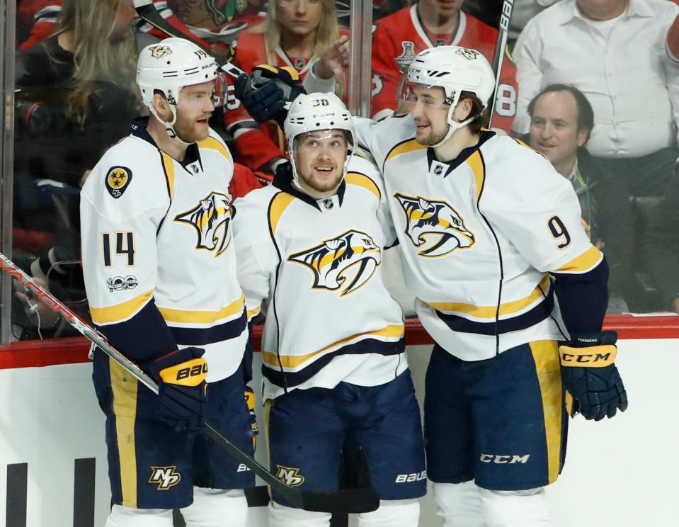  The Nashville Predators players celebrate Viktor Arvidsson's only goal of the game as they beat Chicago Blackhawks 1-0