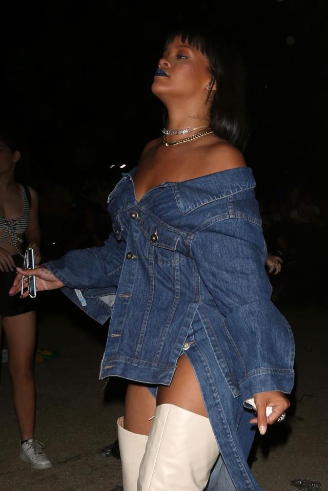  Rihanna switched to a flowing denim coat later in the night